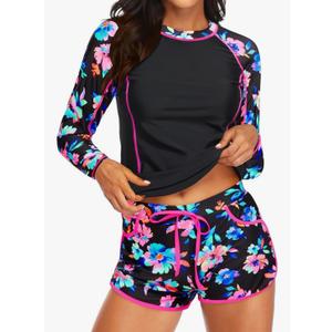 Daci Women's Long Sleeves Rash Guard - 2 Piece Swimsuits with Built in Bra Swim Shirt and Shorts with Pockets Small Daci Women's Long Sleeves Rash Guard - 2 Piece Swimsuits with Built in Bra Swim Shirt and Shorts with Pockets Small