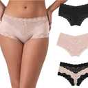 Maidenform Cheeky, Lace Hipster Panties, Sexy Underwear for Women, 3-Pack (Medium, Black/Sandshell Dot Print/Sandshell)