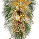 Hollyone Poinsettia Wreath Gold Christmas Swag Christmas Swags for Decorating Outdoor Teardrop Swag Poinsettias for Front Door Window Stair Winter Wreath with Berry Magnolia Leaves Xmas Home Decor