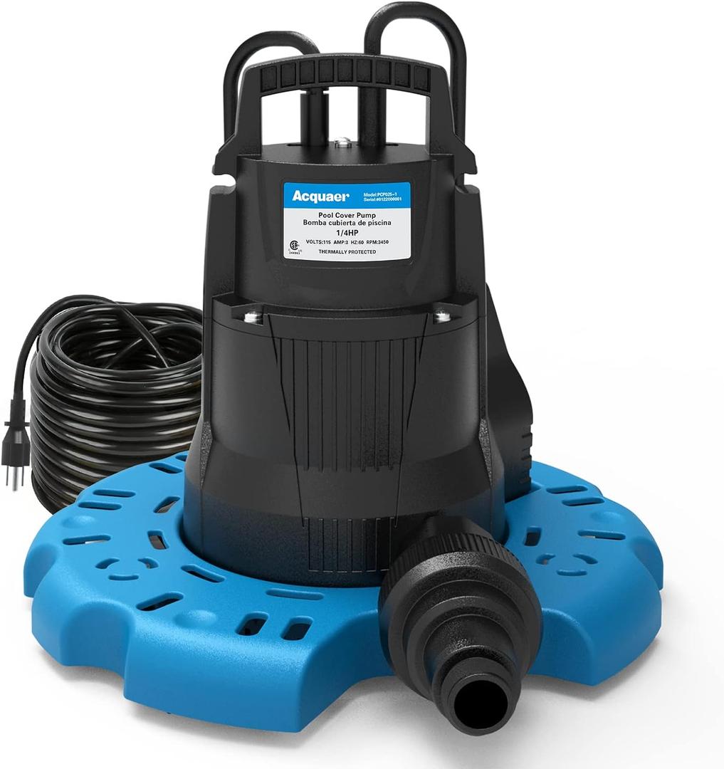 Acquaer 1/4 HP Automatic Swimming Pool Cover Pump, 115 V Submersible Sump Pump with 3/4 Check Valve Adapter & 25ft Power Cord, 2250 GPH Water Removal for Pool, Hot Tubs, Rooftops, Water Beds and more