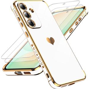 LeYi for Samsung S25-FE 5G Case: [   ] Tempered Glass Screen Protector [2 Pcs]+ Full Camera Lens Protection,Love Heart Plating Women Luxury Shockproof for Galaxy S25 FE, White