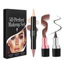 3Pcs Multi-Purpose Makeup Kit: Waterproof Lip Liner Lipstick + Dual-Ended Contour Stick (Contour/Highlight/Conceal/Under-Eye) + Black Eyeliner - Travel-Friendly, Set 02
