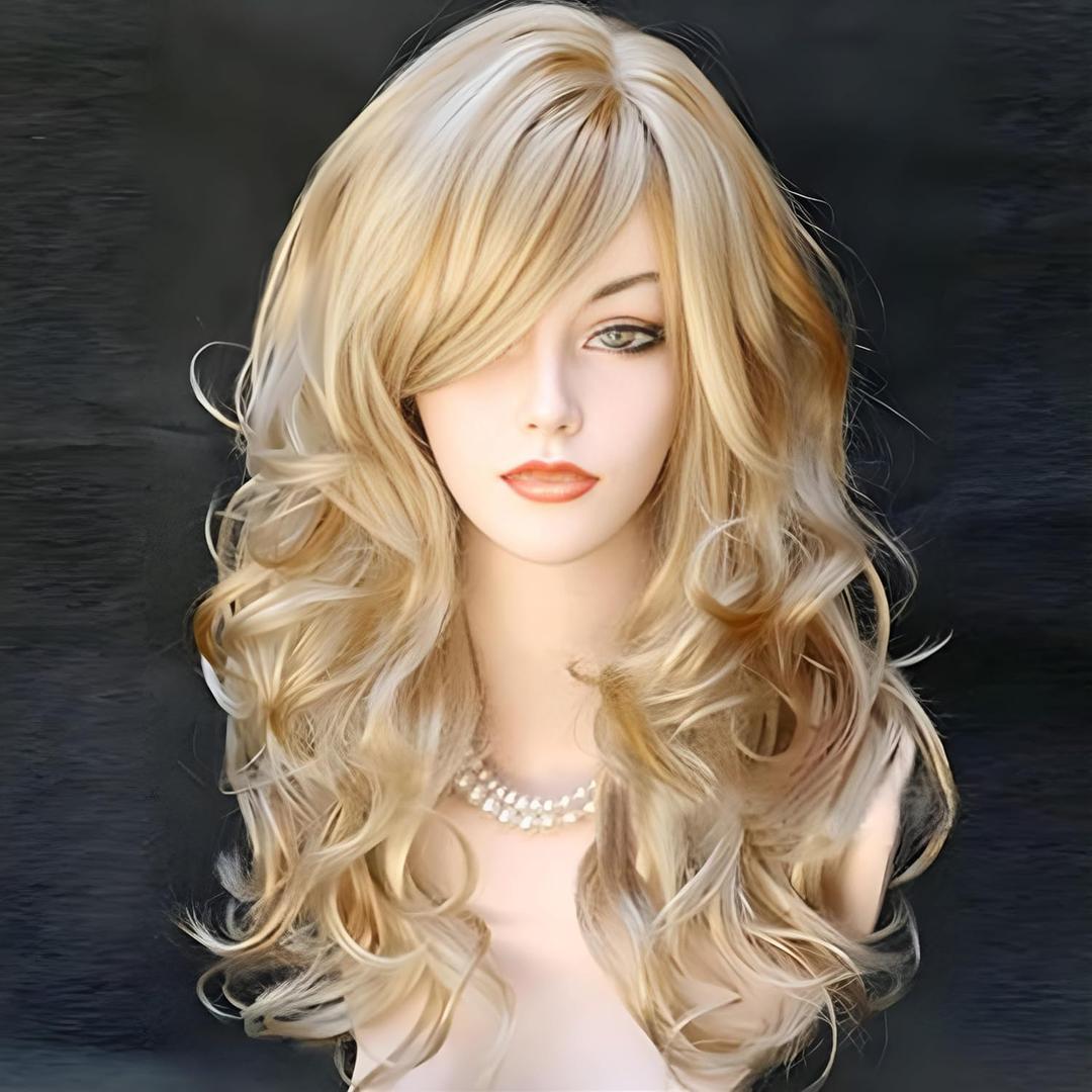 BERON Women's Long Curly 2 Tones Golden Blonde Wig Heat Resistant Big Wavy Synthetic Wig for Women Wig Cap Include
