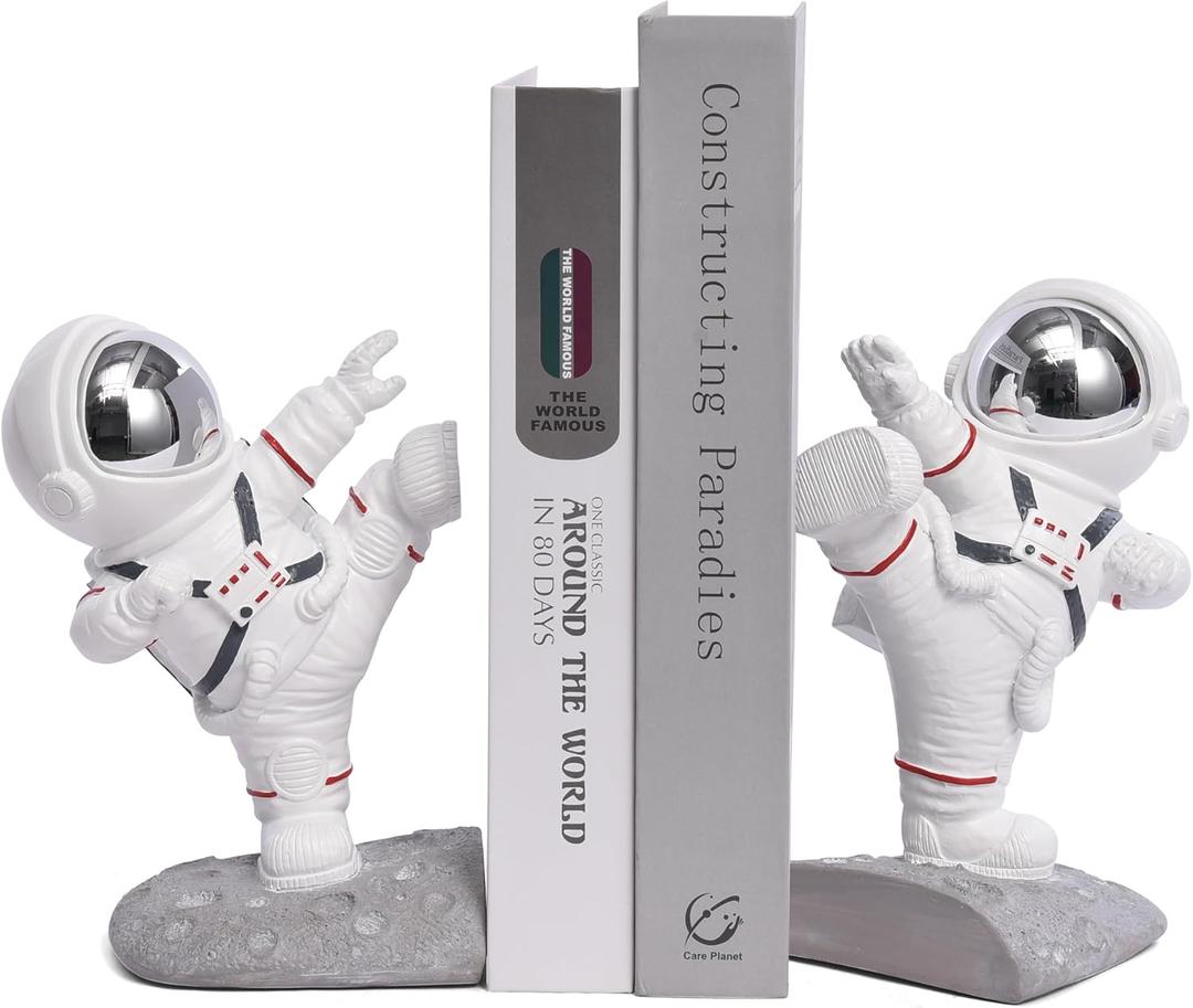 White Book Ends for Kids, Upgraded Astronaut Bookends Resin Spaceman Book Holders for Shelves Sturdy Book Stopper Book Ends to Hold Books Unique Outer Space Book Shelf Ends(F2-Silver Color)