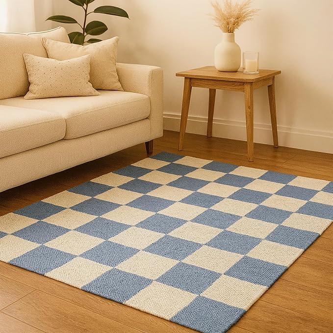 Heavy Material Handmade Jute Area Rug Natural Jute Kilim Rug 6x8 Thick 0.27" Traditional Checkerboard Blue & Beige Rugs for Dining Room Kids Room Solid Farmhouse Design