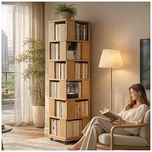 Solid wood Square Rotating Bookshelf Tower with Wheels, Standing Revolving Bookcase Storage Rack, Revolving 360 Book Shelf tall , narrow Turning Spiral Corner Organizer space saving(Natural, 6 Tier)