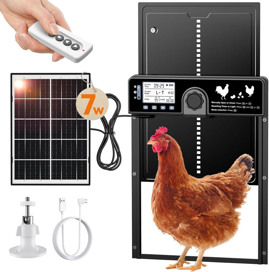 7W Solar Powered Automatic Large Chicken Coop Door with 4 Mode LCD Display, 49ft Remote Control, Timer, Light Sensor, USB-C Charger, Weatherproof Aluminum Alloy Door Applicable to Poultry Duck Coop