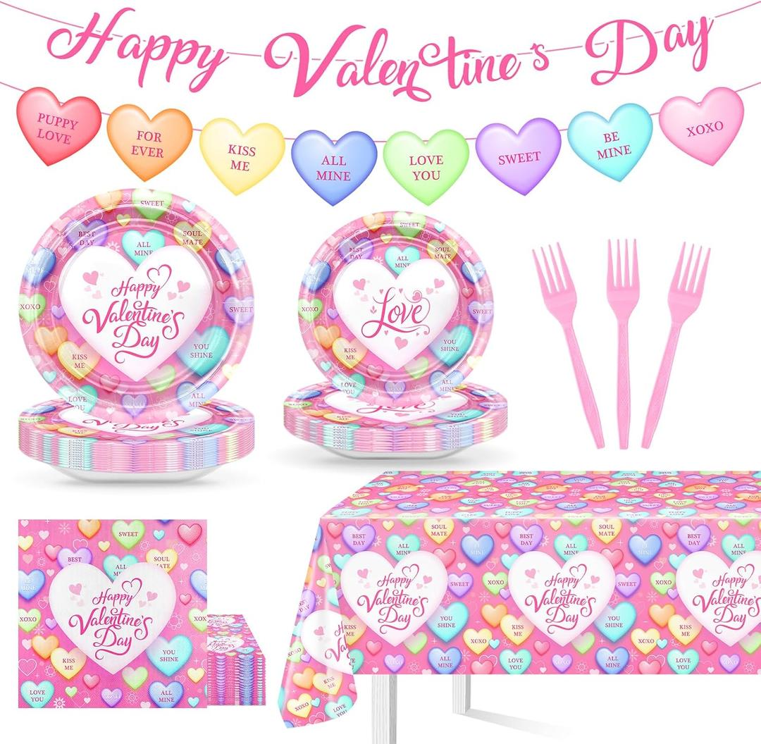 Valentines Day Party Decorations Pink Happy Valentine's Day Plates Napkins Tablecloth Conversation Hearts Banner Valentines Party Supplies Serve 24