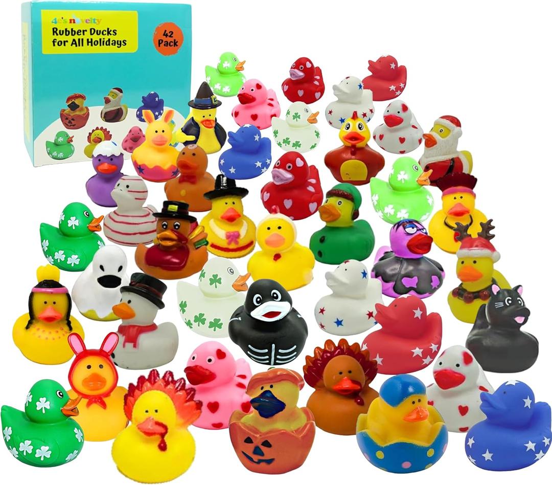 4E's Novelty Rubber Ducks for All Holidays, Bulk Pack of 42 - Includes 6 of Each Holiday, Valentines Day Rubber Ducks, Easter Duckies, Bath Toys for Kids, Gift for Jeep Owners, Jeep Ducking