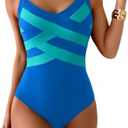 Aidonger One Piece Swimsuit for Women Modest Full Coverage Bathing Suit Slimming Color Block V Neck Swimwear Size L