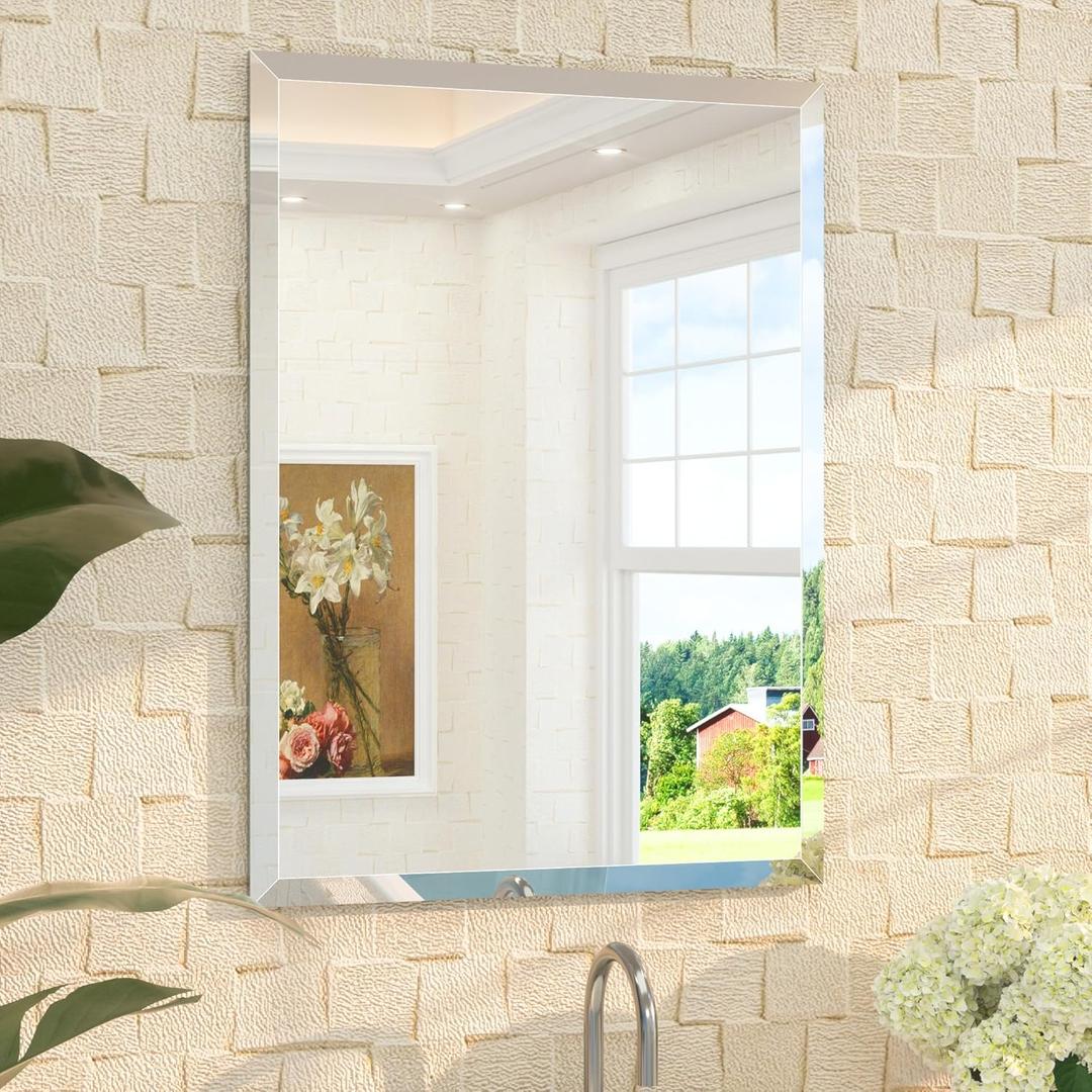 TETOTE 22" x 30" Bathroom Mirror Frameless Tempered Wall Mounted Beveled Mirror for Bathroom