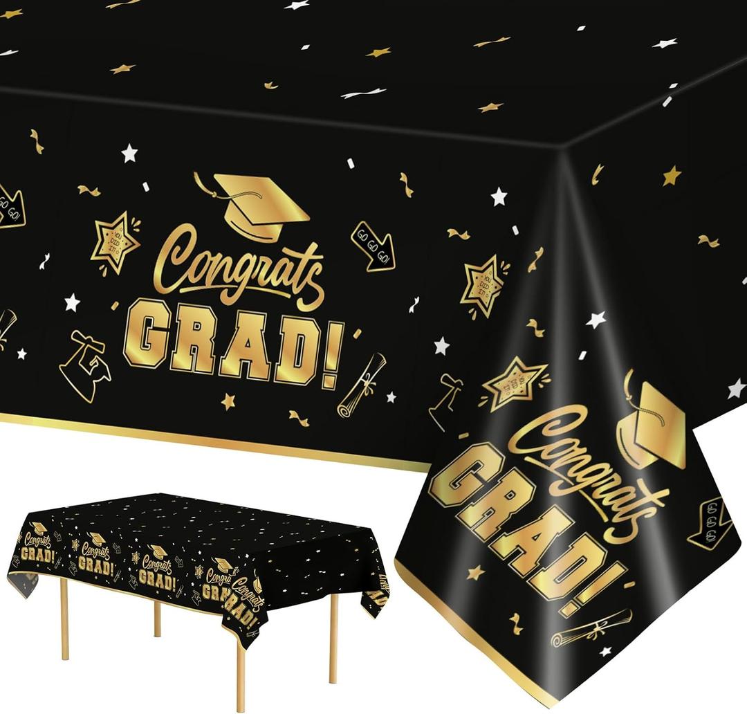 10 x 2 Pack Graduation Tablecloth - Congrats Grad Table Cloths, Plastic Disposable Rectangle Black Gold Class of 2026 Table Cover for Graduation Tables Decorations Party Decor Supplies Favors,108 x 54 Inch