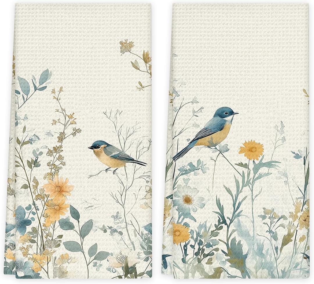 Spring Floral Blue Bird Kitchen Towels Set of 2, Farmhouse Wildflower Spring Dish Tea Towels for Kitchen Decor, Rustic Flower Hand Towels for Bathroom Decor, 16x24 Inch