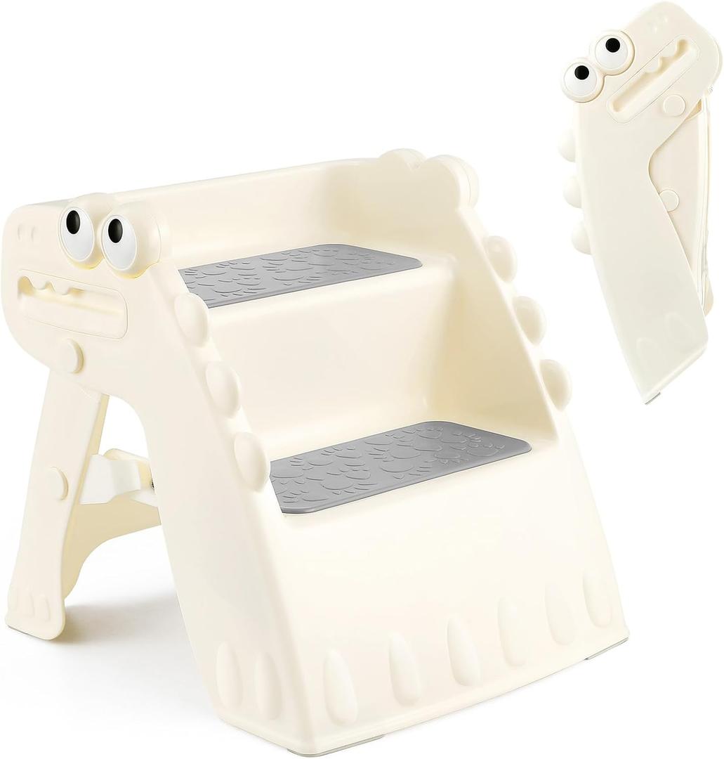 Onasti Toddler Step Stool Foldable Kids Step Stool,Bathroom Stool for Toddlers Non-Slip Toddler Step Stool for Bathroom Sink and Kitchen Counter with Cute Dinosaur Design(White) (Small, 1.white)