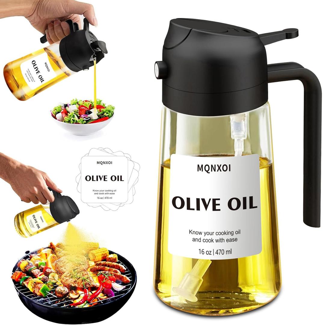 2 in 1 Glass Oil Sprayer & Dispenser, 16oz/470ml Olive Cooking, Air Fryer, and Salad, for Kitchen Gadgets and Air Fryer Accessories, w/Stickers (Black)