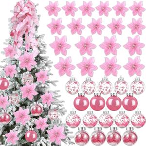 49 Pcs Pink Christmas Tree Decoration Set Include Christmas Tree Topper, 24 Glitter Xmas Flowers 3 Sizes, 24 Pcs 2.36 Inch Xmas Ball Ornaments for Holiday Party Decorations