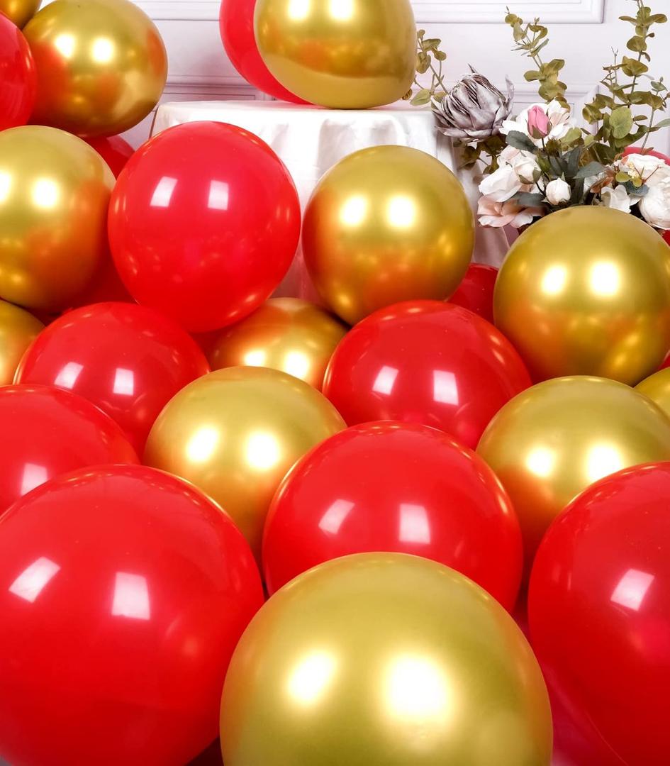 SUWEN Red and Gold Balloons Set 60PCS Latex Shiny Helium 12 Inch Red Gold Balloons for Birthday Graduation Anniversary Party Decorations