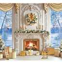 Christmas Fireplace Photo Backdrop 8x6FT Winter Snow Scenery Xmas Trees White Fireplace Background for Family Winter Holiday Christmas Party Decorations Supplies Portrait Photo Props