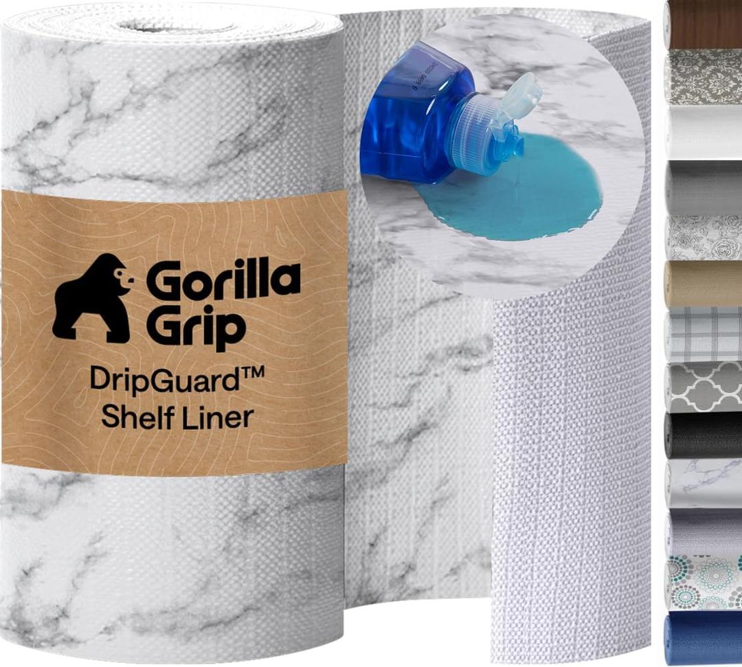GORILLA GRIP DripGuard Shelf Liner, Non-Adhesive Drawer and Kitchen Cabinet Protector, 20in x 20 ft, Strong Grip Slip Resistant Underside, Smooth Surface Liners for Cabinets, Bathrooms, Closets, Marble