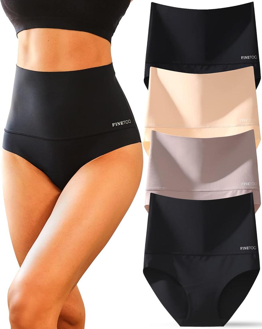 FINETOO Tummy Control Underwear for Women High Waisted Nylon Brief No Show Womens Bikini Seamless Panties 4pack S-XXXL (Large, Black+Black+Nude+Khaki)