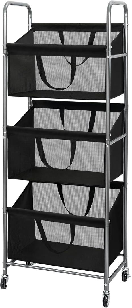 STO STO 3-Tier Vertical Rolling Laundry Hamper with Removable Bags, 120L Stackable Laundry Sorter Basket, Clothes Hamper with Wheels for Small Spaces, Closet, Bedroom, Bathroom, Laundry Room, Black