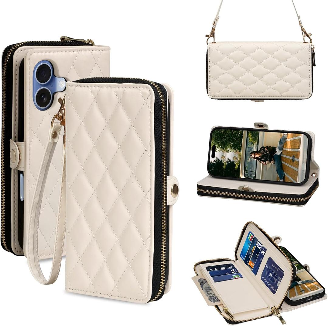 Rssviss Crossbody Case for iPhone 17 Case Wallet, RFID Blocking Leather with Card Holder Kickstand, Handbag Zipper Flip Cover with Wrist Strap for iPhone 17 Men Women 6.3", White