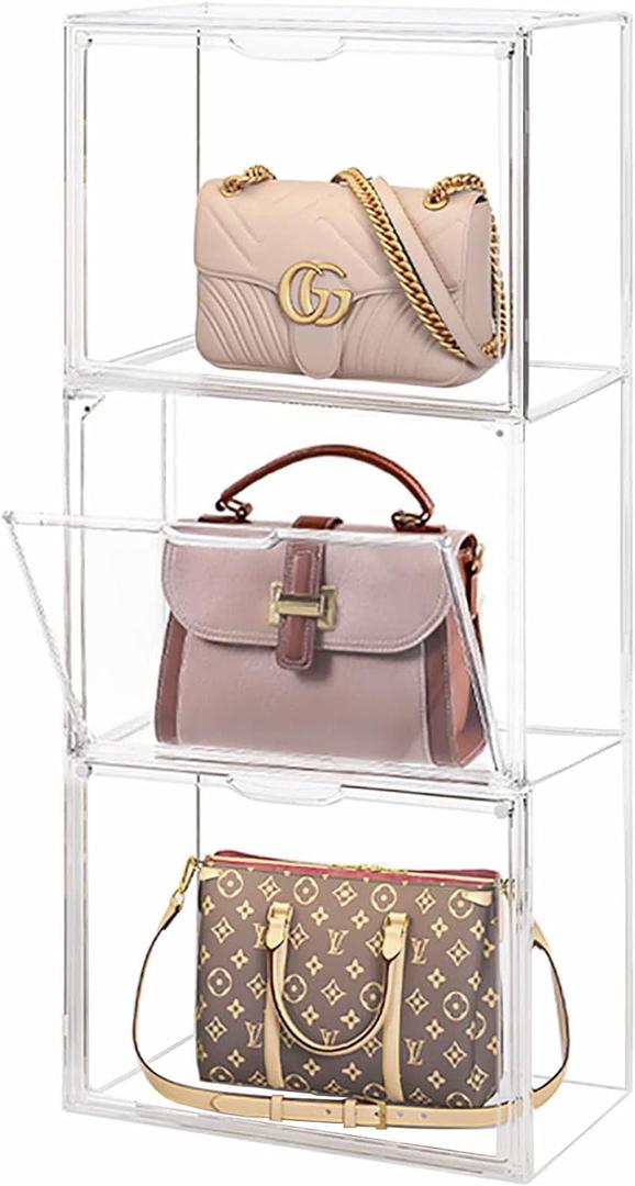 WMM Purse Storage Organizer for Closet, 3 Packs Plastic Acrylic Clear Handbag Purse Shoes Book Figure Toy Display Case, Storage Bins for Cosmetic, Stackable Magnetic Drop Front Storage Organizer