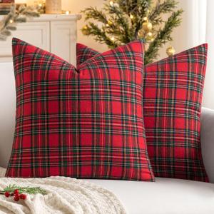 MIULEE Christmas Set of 2 Scottish Tartan Plaid Throw Pillow Covers Farmhouse Classic Decorative Outdoor Square Cushion Cases for Home Decor Sofa Couch 18x18 Inch, Red