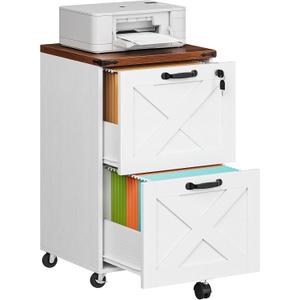 HOOBRO 2 Drawer File Cabinet with Lock, Under Desk Mobile Filing Cabinet for Home Office, Wooden Farmhouse Office Storage Cabinet, Printer Stand Fits Letter and A4 Size, Walnut and White WH66WJ01