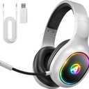 2.4GHz Wireless Gaming Headset with Wired Mode, 5.4 Bluetooth Gaming Headphones for PS5, PS4, PC, Switch, Mac, Computer, Over Ear Wireless Headset with Mic, Cool LED, Low Latency, White
