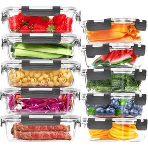 Skroam 10-Pack Glass Meal Prep Containers, Food Storage Containers with Snap Locking Lids, Airtight Bento Boxes for Microwave, Oven, Freezer and Dishwasher