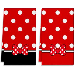 Cartoon Mouse Kitchen Dish Towel Set of 2 - Bowknot Towels 18x26 Inch Absorbent Reusable Cotton Cloths for Cleaning Cute Design Home Decorative