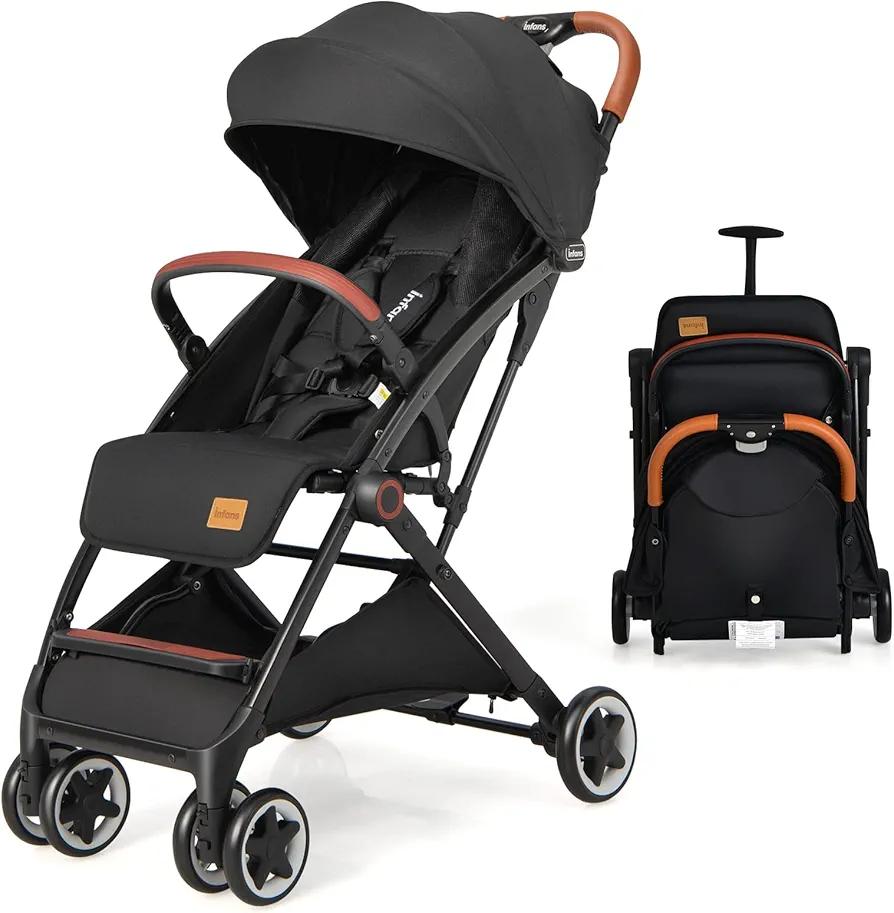 INFANS Lightweight Baby Stroller, Compact Stroller One-Hand Fold Travel Stroller for Airplane with Cup Holder, 5-Point Harness, Foot Cover, Canopy, Infant Stroller for 0-36 Month