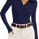 WIHOLL Womens Polo Shirts Long Sleeve Business Casual Tops Collared V Neck Ribbed Knit Sweater Slim Fit Blouses (Medium)