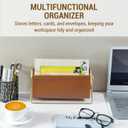 MyGift 10 Inch Mid Century Caramel Leatherette Mail Sorter Letter Holder Rack with Brass Tone Metal Frame, Faux Leather Sling Style Office Desk Card Envelope Organizer Stand