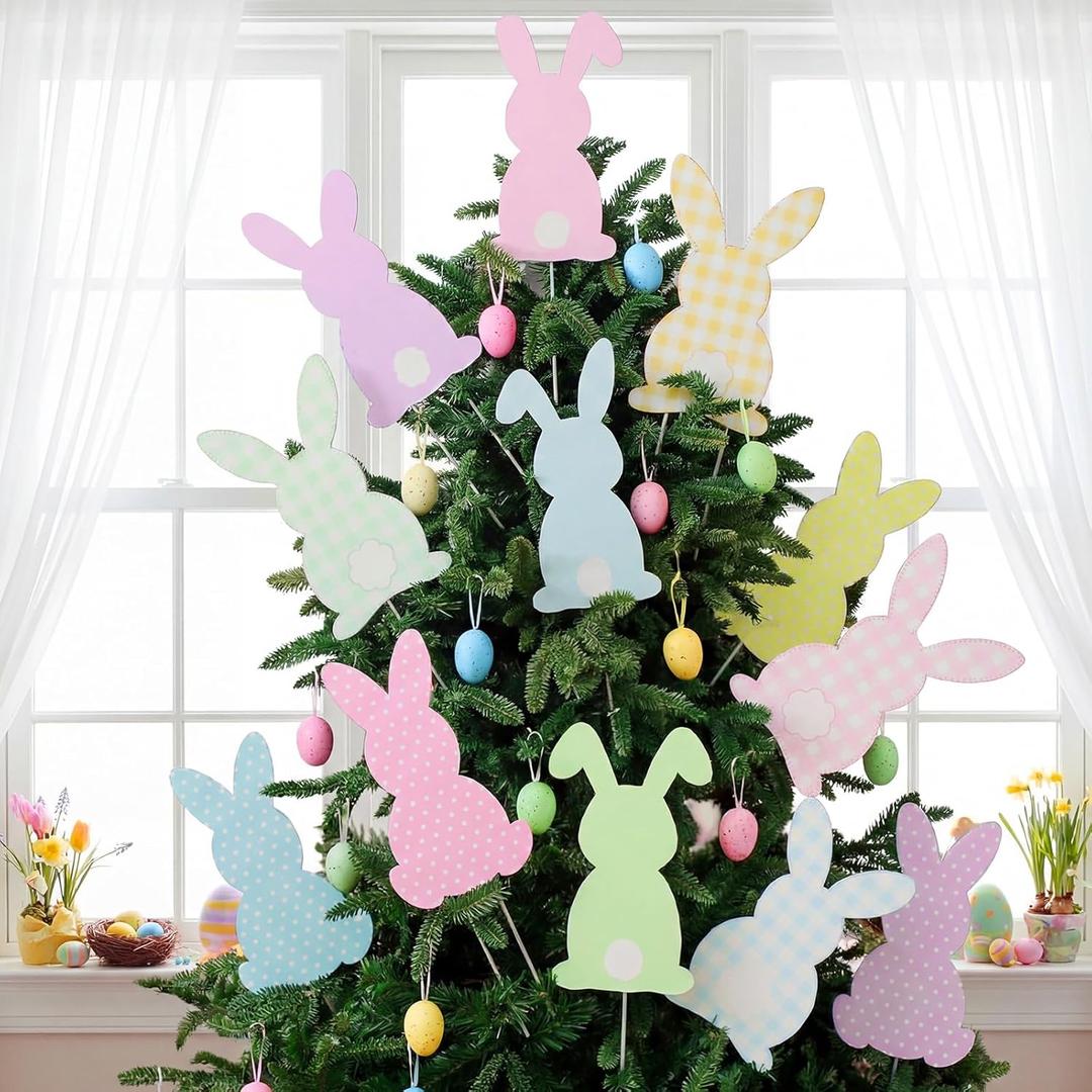 Halloscume 12 Pcs Extra Large Easter Tree Decorations 9.8 Inch Colorful Bunny Tree Picks Ornaments Pastel Easter Bunny Toppers Waterproof Polka Dot Plaid Rabbit Picks for Home Spring Party Decor