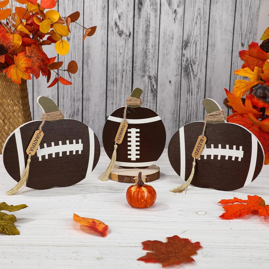 Vicenpal 3 Pcs Thanksgiving Fall Football Decorations for Home, Harvest Wooden Pumpkin Sign for Autumn Party Tiered Tray Centerpiece Table Decor Supplies, Thanksgiving Gift for Football Lover