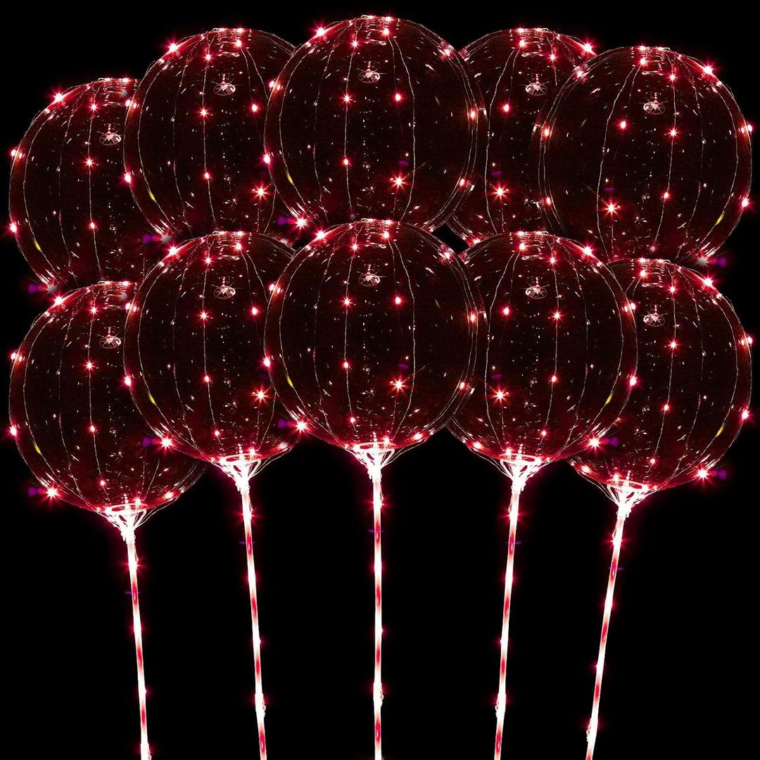 LED Balloons Light Up, 10 Pack LED Balloons with Sticks, 20 Inch Clear Bobo Balloon with Lights Helium Glow Bubble Lights for Party Supplies Valentines Decor (Red)