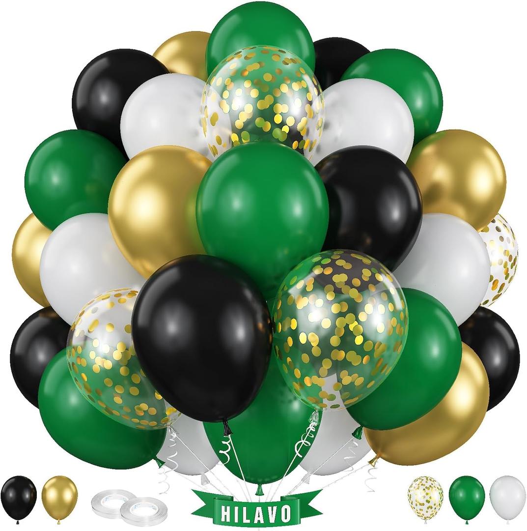 Black Gold Green Balloons 60 Pcs Dark Green White Black Metallic Gold Balloons 12 Inch Football Soccer Video Game Christmas Balloon for Boy Men Jungle Graduation Baby Shower Birthday Party Decorations
