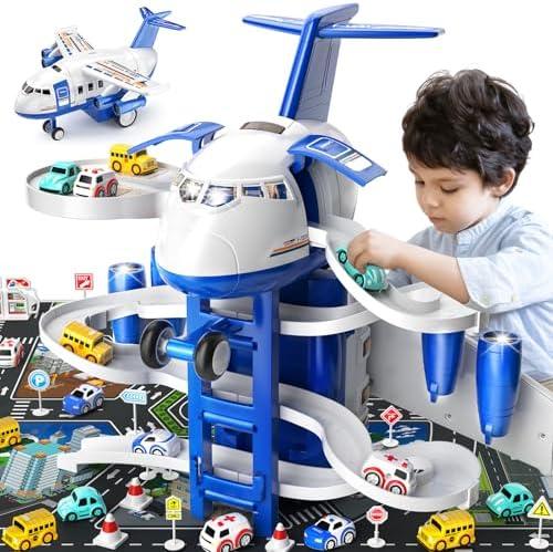 DULONIME Airplane Toys for Toddlers 3-5 - Car Race Tracks for Kids Ages 4-8 with 8 Small Car Toys, Educational Toys for Kids Ages 4-8, Birthday Gifts for Boys 3-5, Birthday Gifts for Boys Girls 4-7