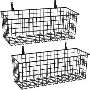 2 Sets Extra Large Hanging Wall Basket, Black Metal Wire Baskets with Steel Hooks for Organizing, WallmountedFruit Vegetable Toy Snack Storage, Home Kitchen Bathroom Laundry Pantry Organizer