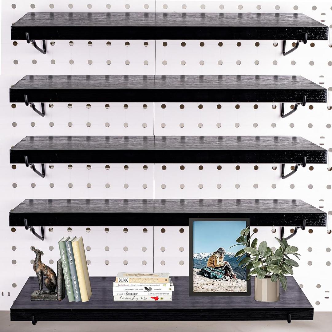 Black Pegboard Shelf, 4 Pack Wooden Pegboard Shelves with Metal Brackets Hooks, Heavy Duty Peg Board Organizer Shelves, Pegboard Accessories Organizer for Crafts Room, Garage, Workbench, Office