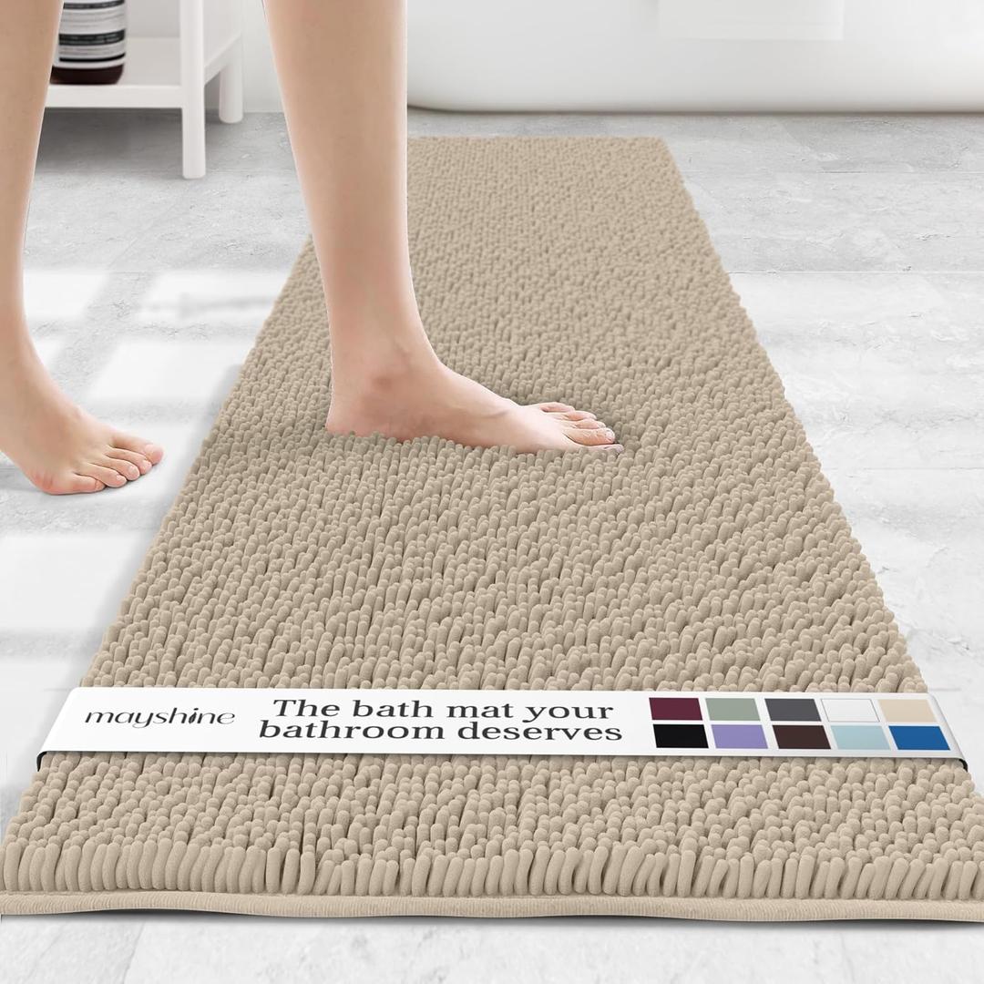 MAYSHINE Plush Shaggy Chenille Bath Mat | Extra Soft, Super Absorbent, Non-Slip Bathroom Rug | Fluffy Microfiber, Area Rug Sets for Bathroom Floor, Kitchen, Living Room | 71"x31" | Beige