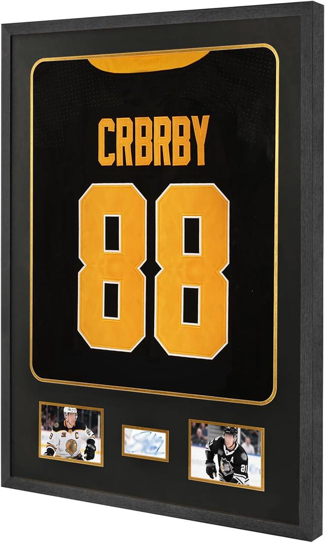 Jersey Display Frame Case with Mat, Large Sport Jersey Shadow Box with Tempered Real Glass and Hanger for Baseball Basketball Football Soccer Hockey Shirt and Uniform, Two 4x6 Photos, Black