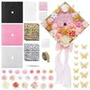 Harsever 48Pcs Graduation Cap Decorations DIY Kit,Grad Cap Decorations Decor with Faux Flower 3D Butterfly Rhinestones Alphabet Letter Stickers for DIY Graduation Party Supplies (Pink)