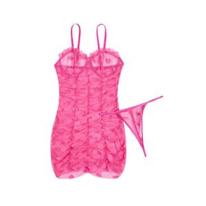 Heart Mesh Frill Trim Underwire Sexy Lingerie Dress & Thong, Medium