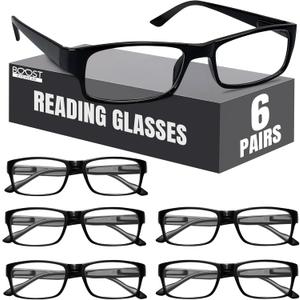 Boost Eyewear 6 Pack Reading Glasses, Traditional Black Frames, for Men and Women, with Comfort Spring Loaded Hinges, Black, 6 Pairs (+3.00)