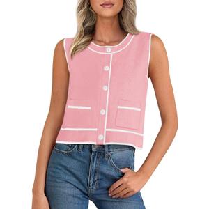 PRETTYGARDEN Vest For Women 2025 Summer Casual Button Down Color Block Sweater Vest Ribbed Knit Tank Tops With Pockets (Pink, L)