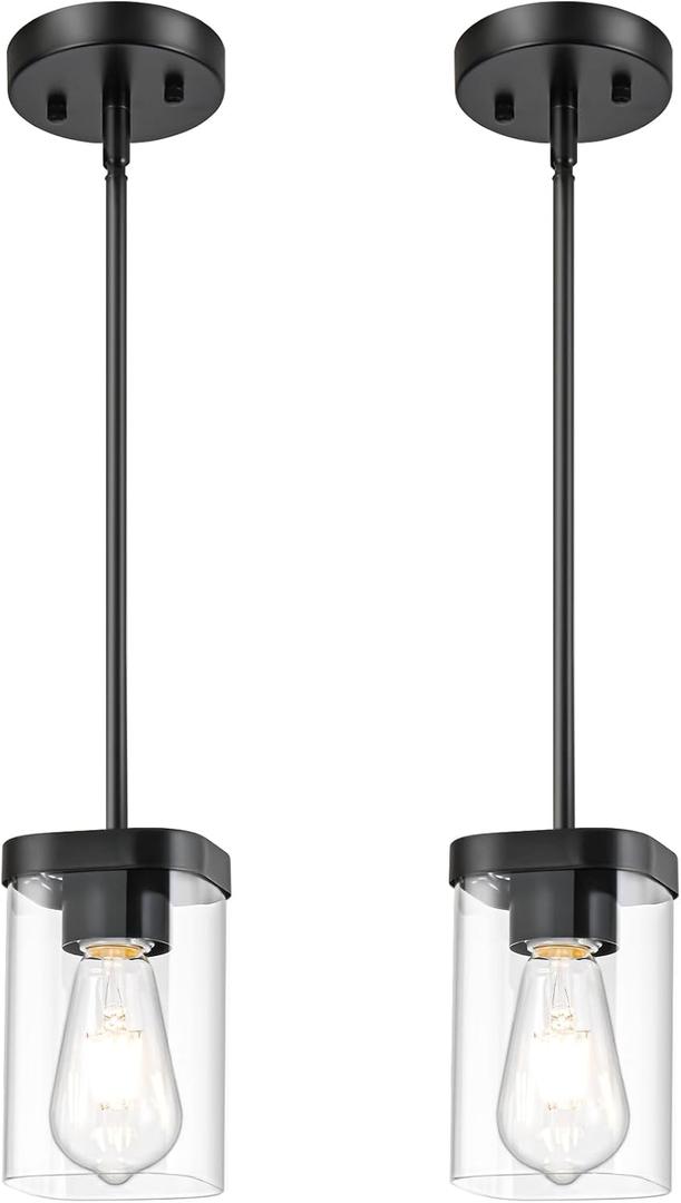 Modern Pendant Light Fixtures 2-Pack, Matte Black Pendant Lights Kitchen Island with Square Transparent Glass, Glass Pendant Light for Dining Room, Bedroom, Living Room, Farmhouse