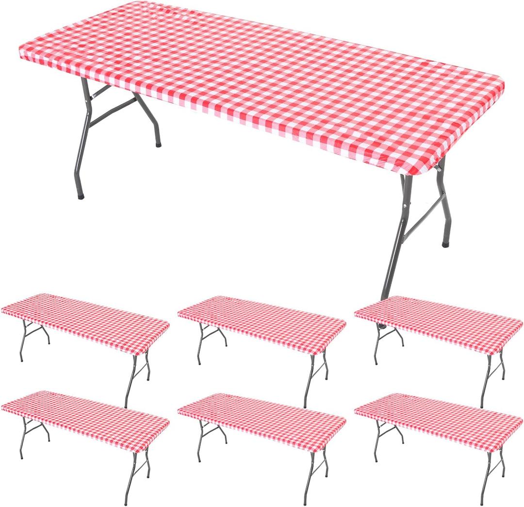 6 Pcs Tablecloth for Folding Fitted Rectangular Table Cloth 30 x 72 Inch Vinyl Waterproof Plastic Table Cover Flannel Backed with Elastic Rim for Indoor Outdoor Picnic Party (Red and White Grid)